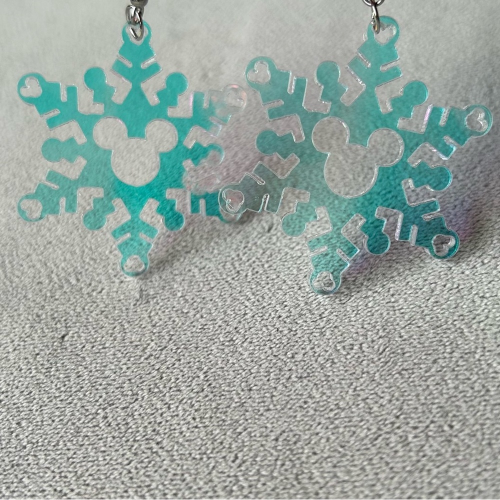 Mickey Mouse Silhouette Snowflake Earrings ~ Iridescent Acrylic ~ Brand New!